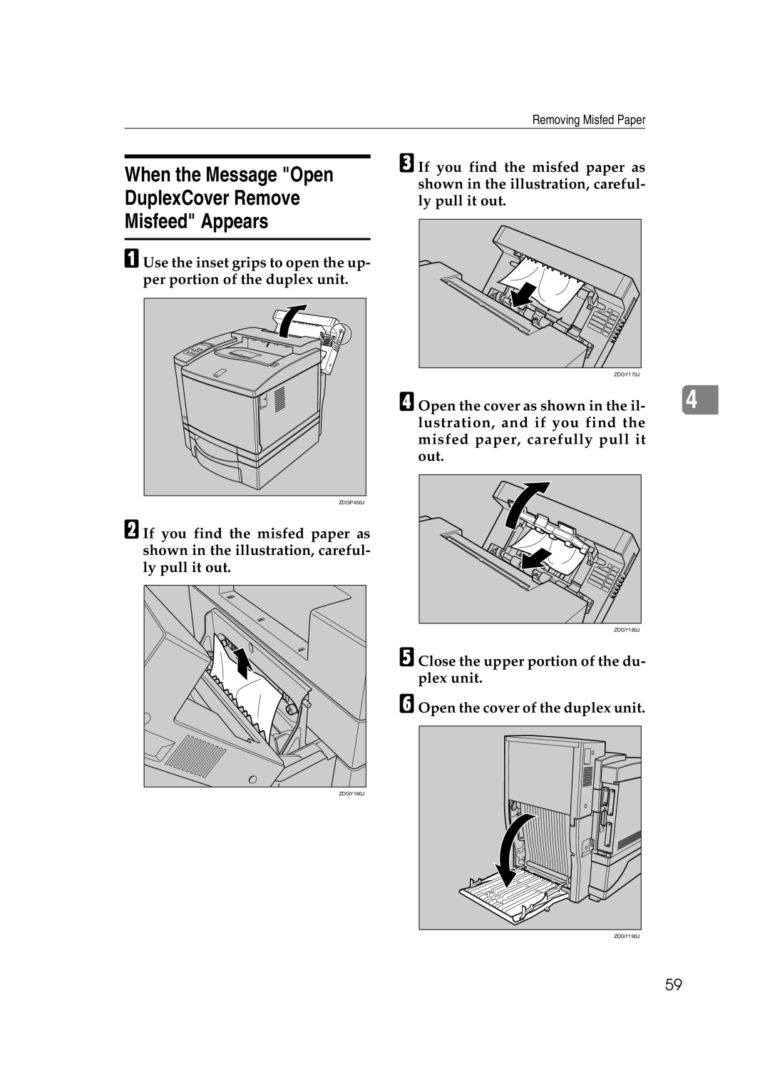 Lanier AP206 manual When the Message Open DuplexCover Remove Misfeed Appears 