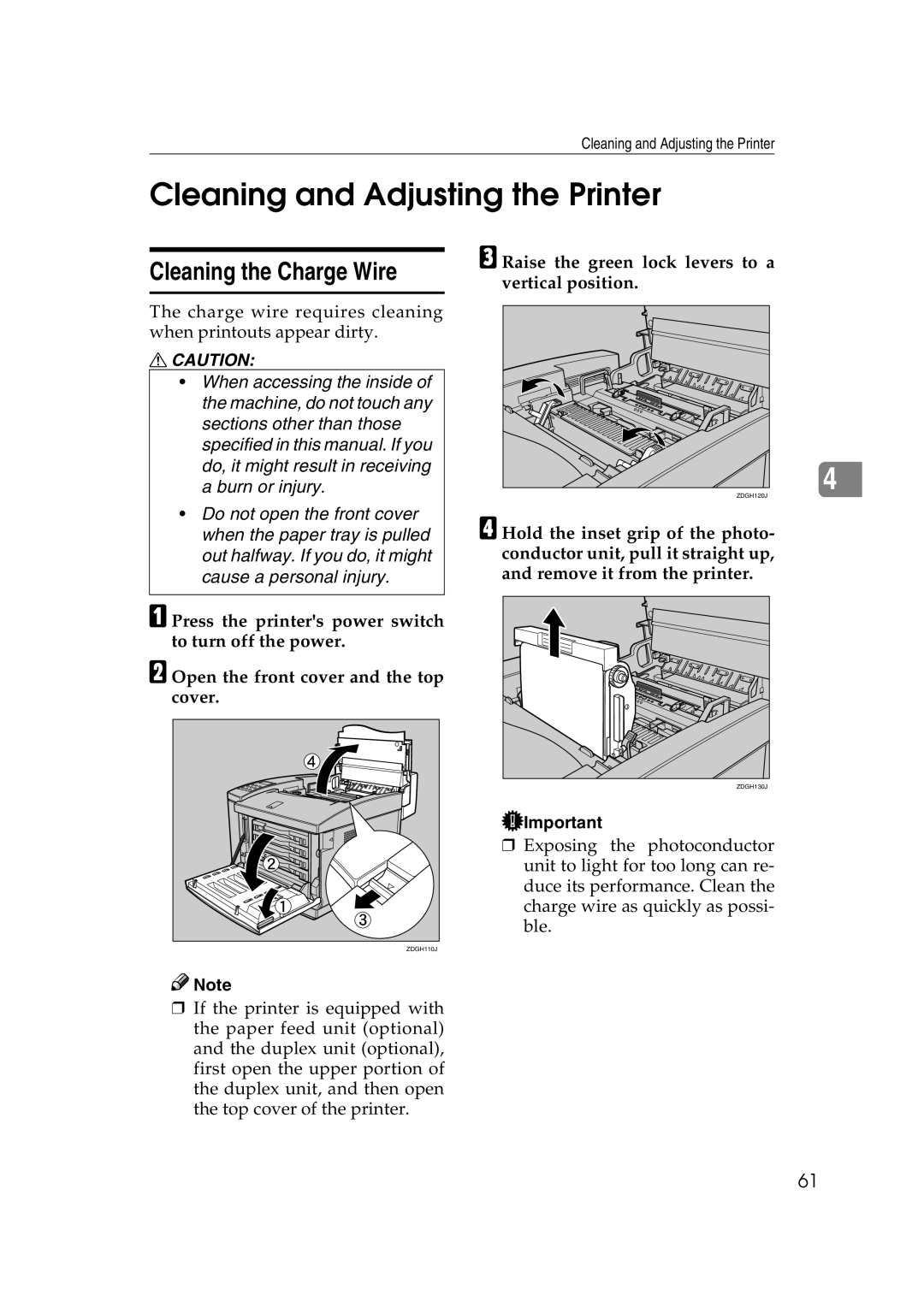 Lanier AP206 manual Cleaning and Adjusting the Printer, Cleaning the Charge Wire 