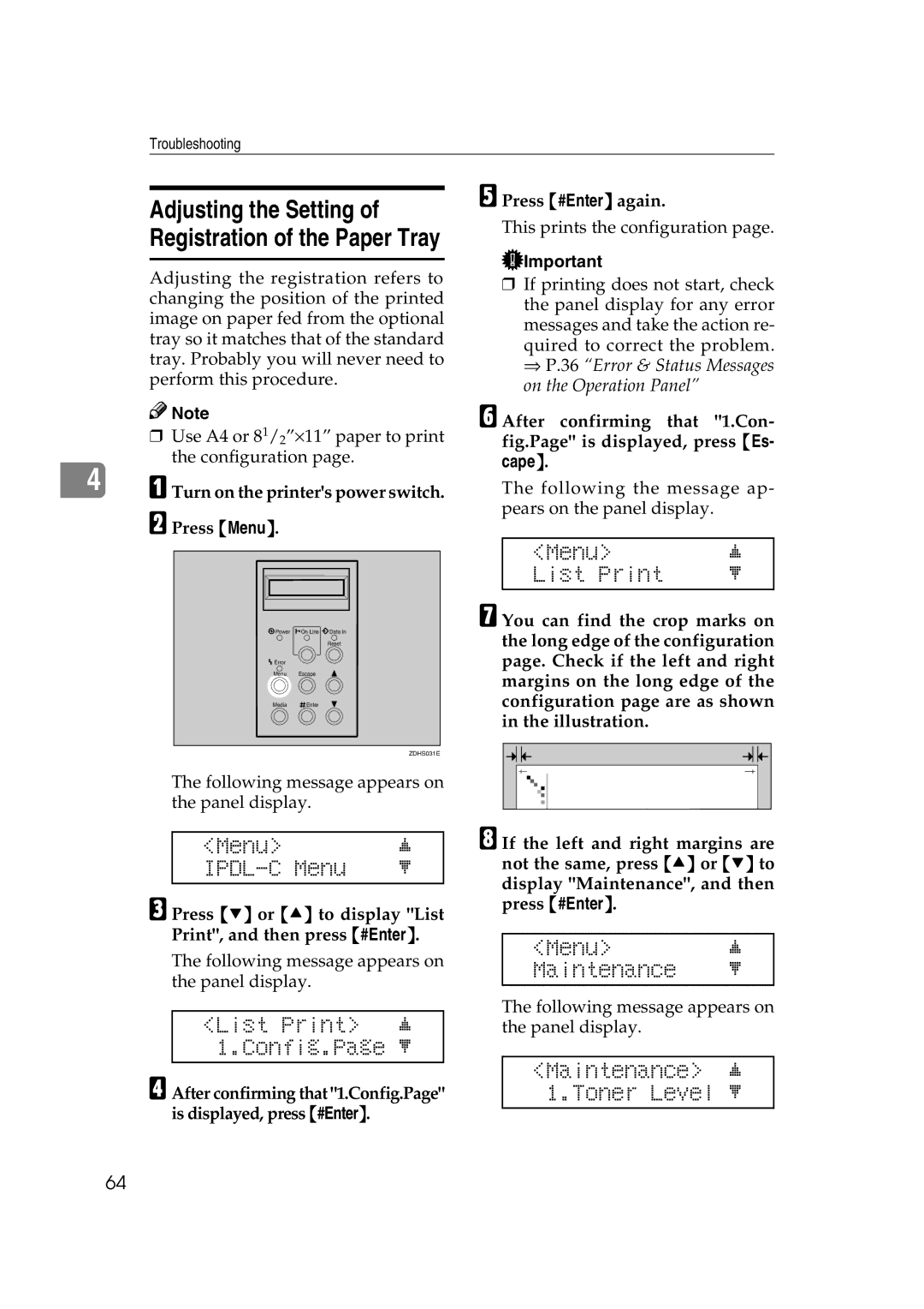 Lanier AP206 manual List Print j 1.Config.Page l, Menu List Print, Maintenance j 1.Toner Level l, Press #Enter again 