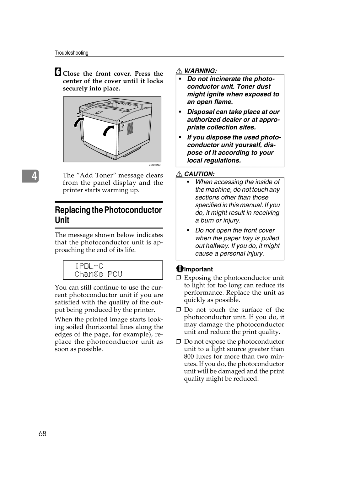 Lanier AP206 manual Replacing the Photoconductor Unit, Change PCU 