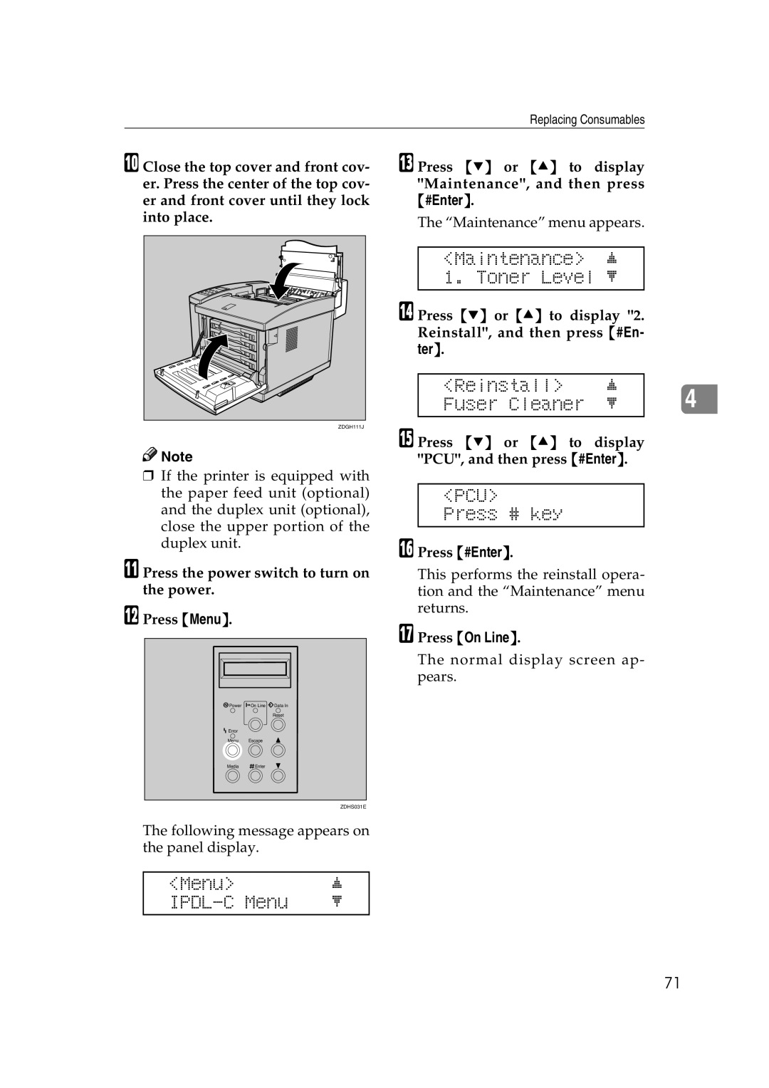 Lanier AP206 manual Maintenance j 1. Toner Level l, Reinstall Fuser Cleaner, PCU Press # key 