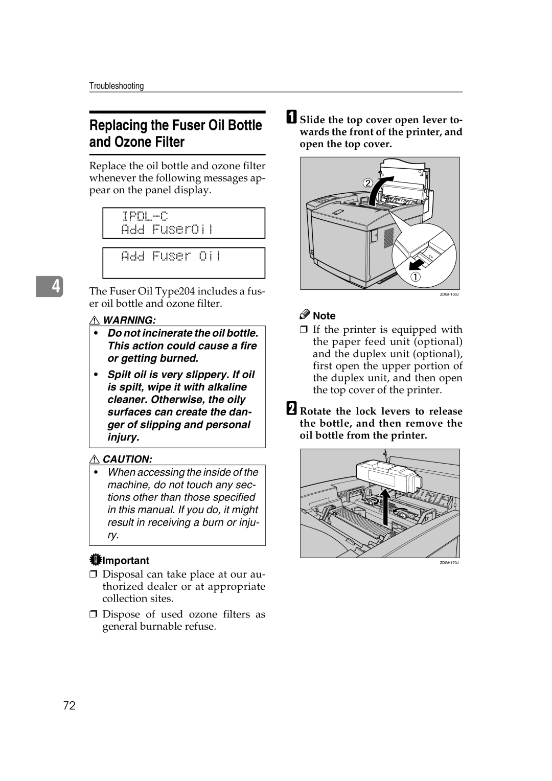 Lanier AP206 manual Replacing the Fuser Oil Bottle and Ozone Filter, Add FuserOil Add Fuser Oil 