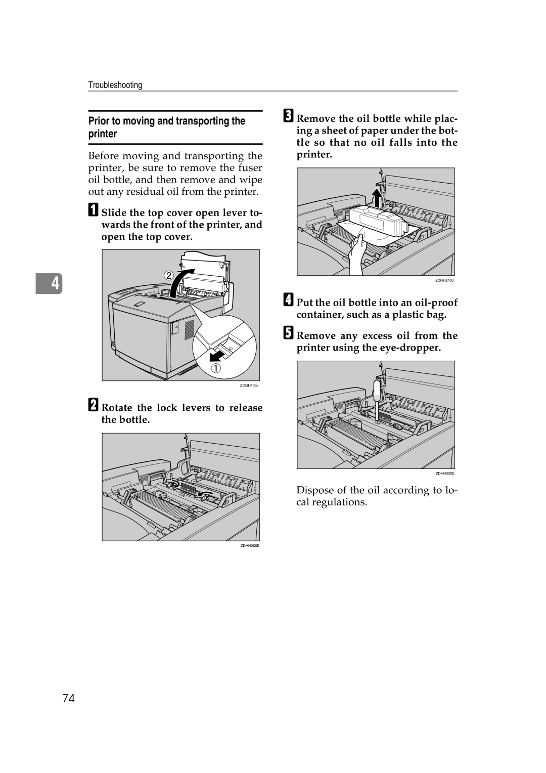 Lanier AP206 manual Prior to moving and transporting the printer, Rotate the lock levers to release the bottle 