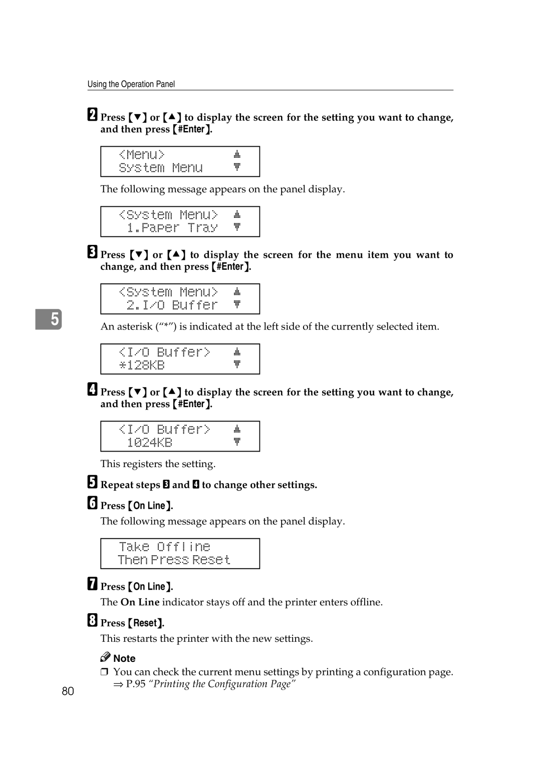 Lanier AP206 manual Menu System Menu, System Menu j 1.Paper Tray l, System Menu j 2.I/O Buffer l, Buffer j 128KB l 