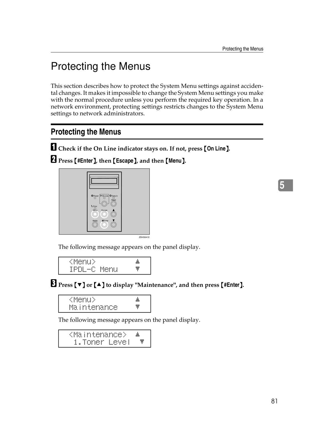 Lanier AP206 manual Protecting the Menus 