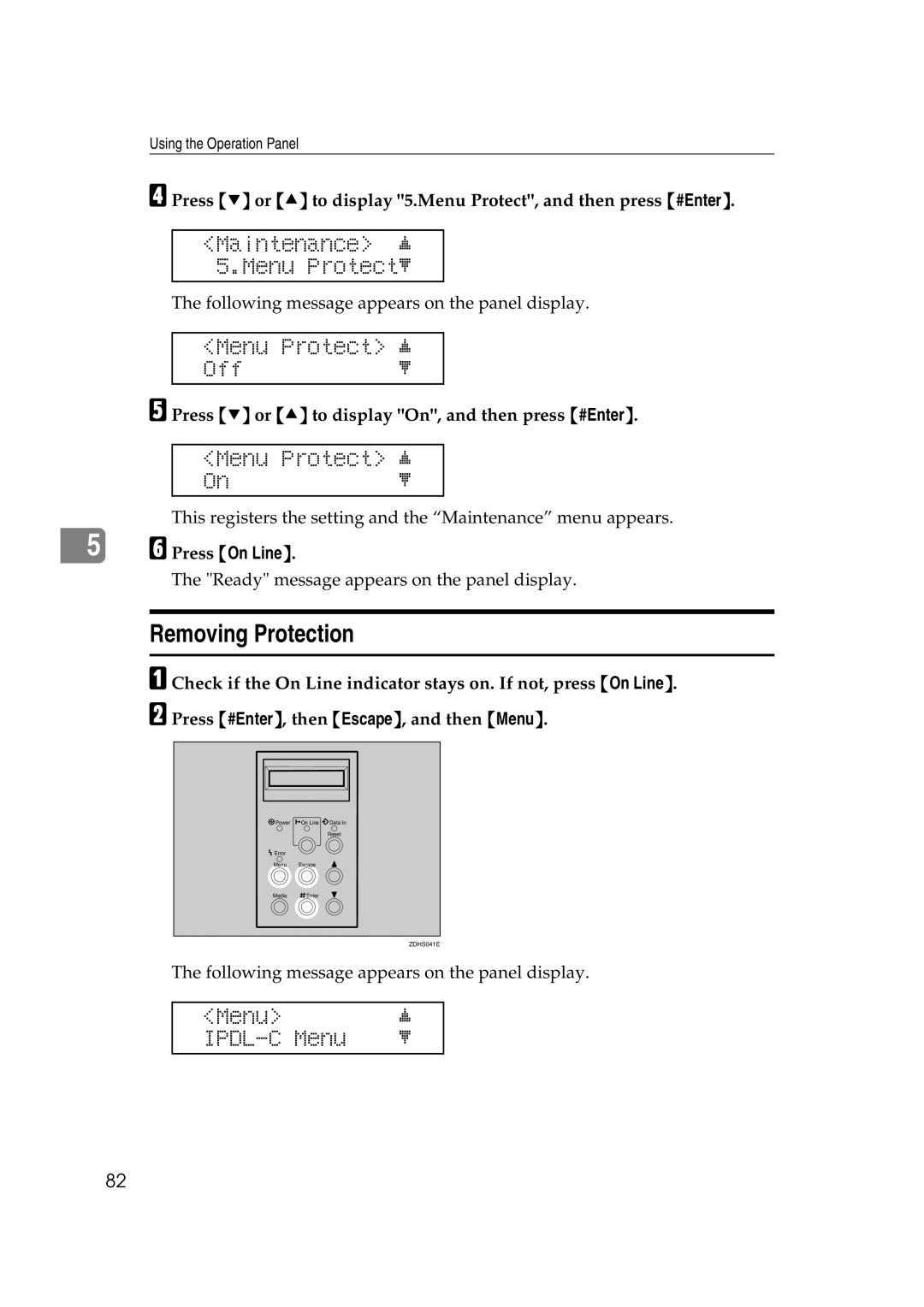 Lanier AP206 manual Removing Protection, Maintenance j 5.Menu Protectl, Menu Protect j Offl, Menu Protect j Onl 