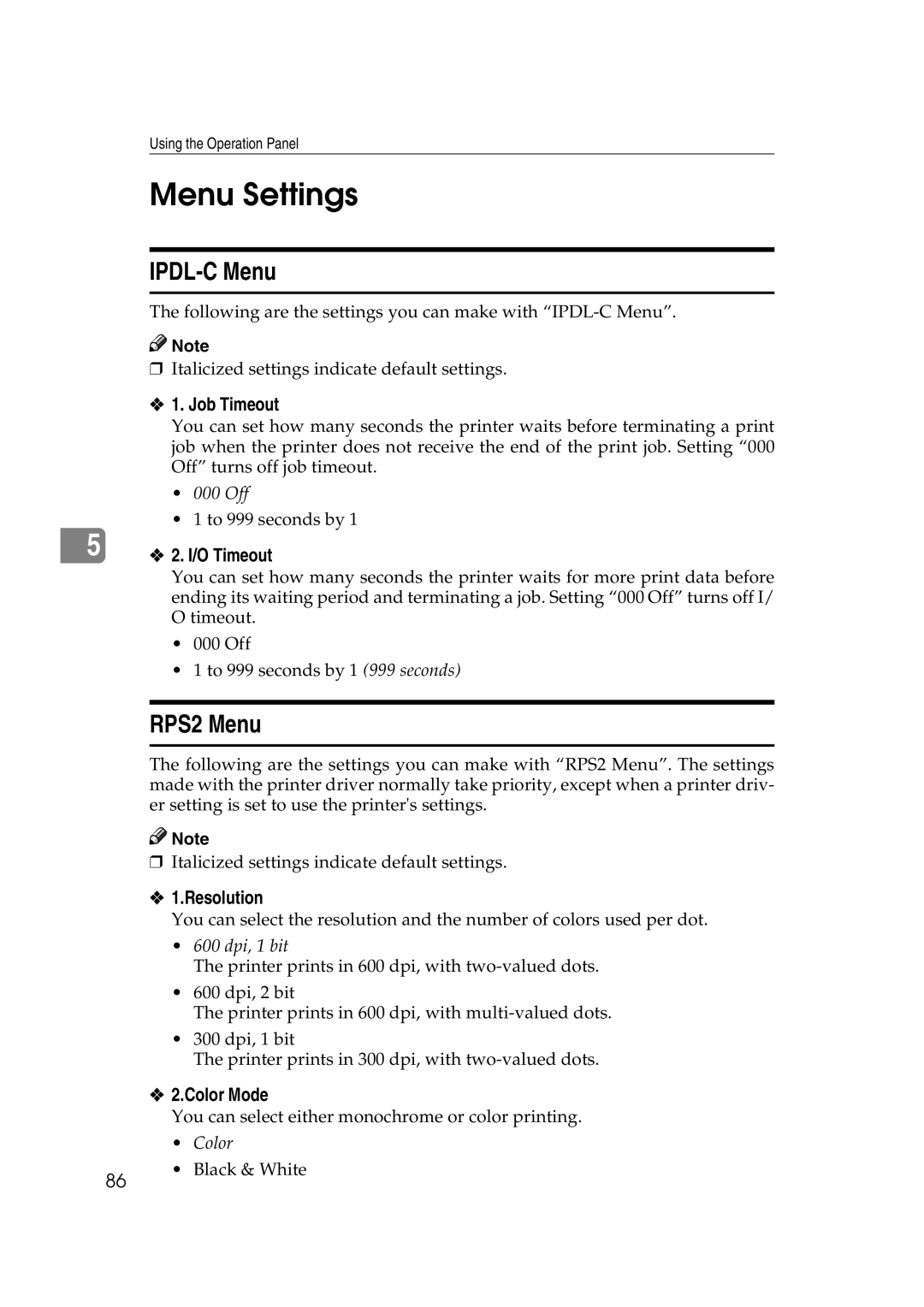 Lanier AP206 manual Menu Settings, IPDL-C Menu, RPS2 Menu 