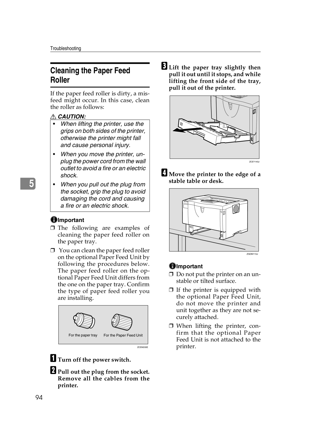 Lanier AP2610 manual Cleaning the Paper Feed Roller, Move the printer to the edge of a stable table or desk 