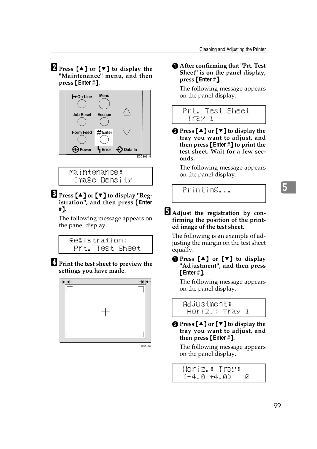 Lanier AP2610 Registration Prt. Test Sheet, Prt. Test Sheet Tray, Printing, Adjustment Horiz. Tray, Horiz. Tray -4.0 +4.0 