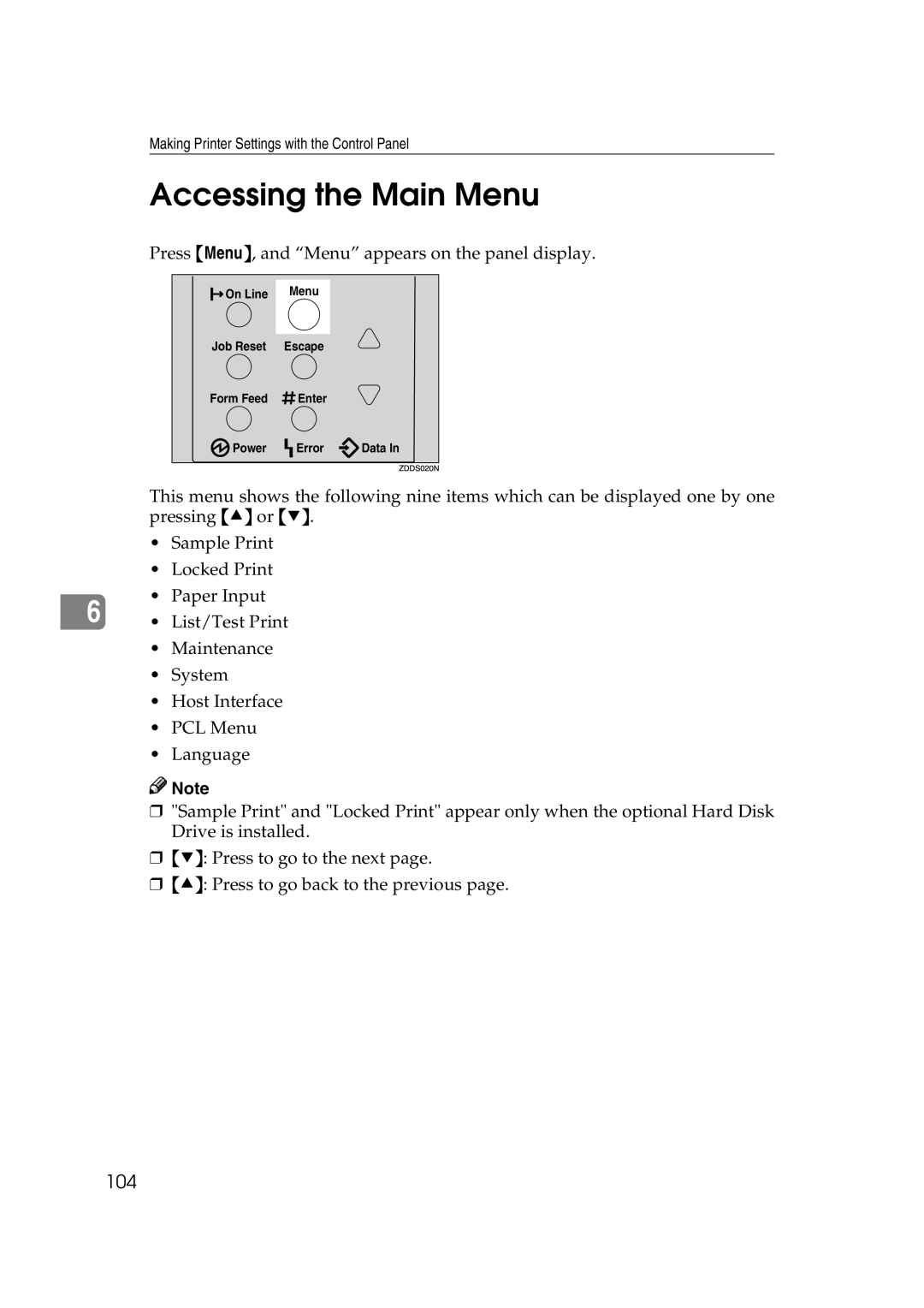 Lanier AP2610 manual Accessing the Main Menu, 104 