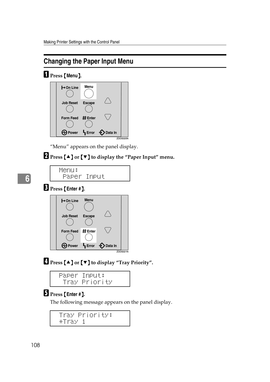 Lanier AP2610 manual Changing the Paper Input Menu, Paper Input Tray Priority, Tray Priority *Tray, 108 