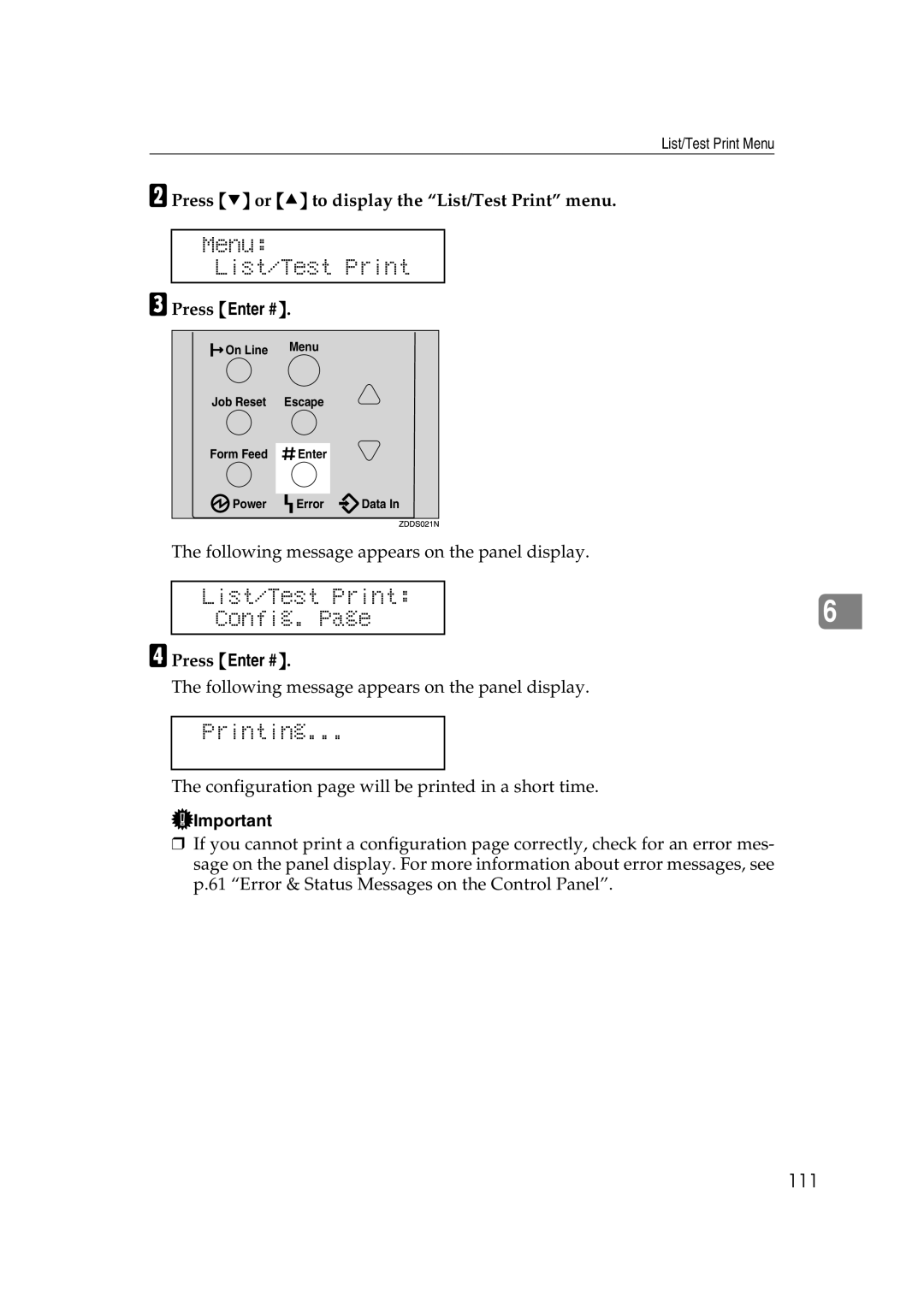 Lanier AP2610 manual Menu List/Test Print, List/Test Print Config, 111, Press T or U to display the List/Test Print menu 