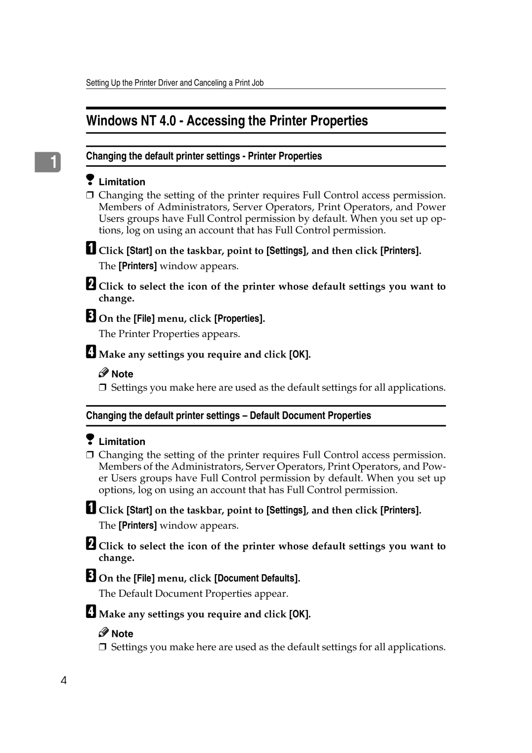 Lanier AP2610 manual Windows NT 4.0 Accessing the Printer Properties, On the File menu, click Document Defaults 