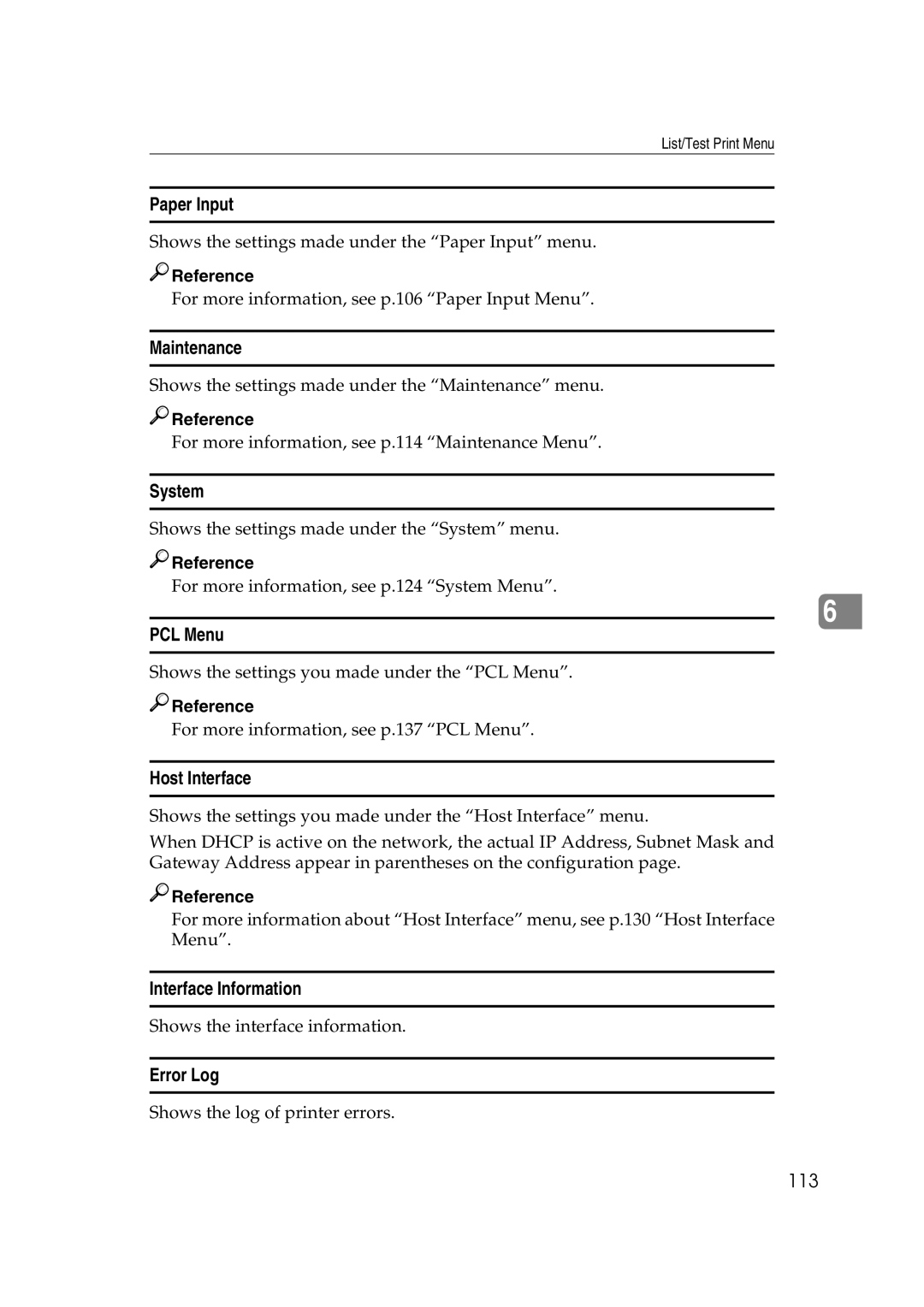 Lanier AP2610 manual Paper Input, Maintenance, System, PCL Menu, Host Interface, Interface Information, Error Log 