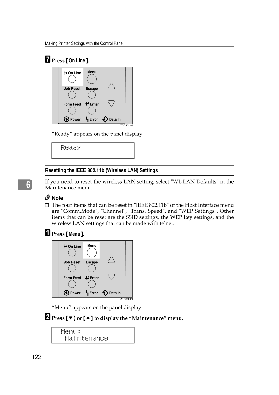 Lanier AP2610 manual Resetting the Ieee 802.11b Wireless LAN Settings, 122 