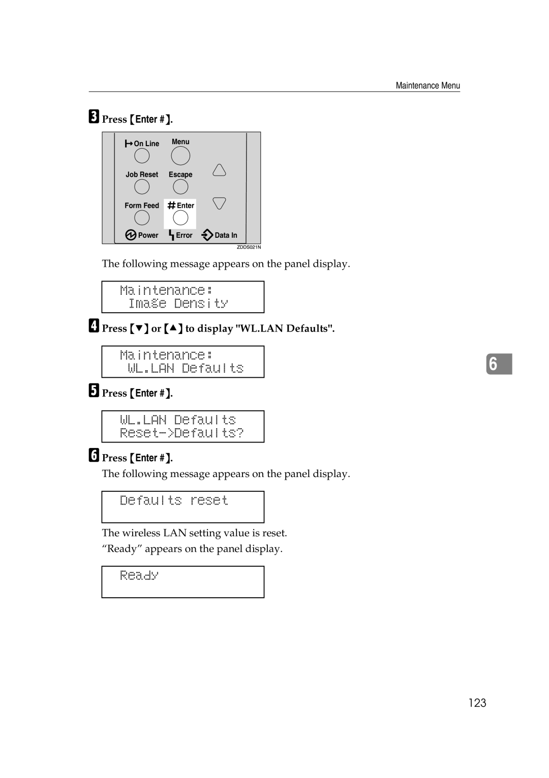 Lanier AP2610 manual Maintenance WL.LAN Defaults, WL.LAN Defaults Reset-Defaults?, Defaults reset, 123 