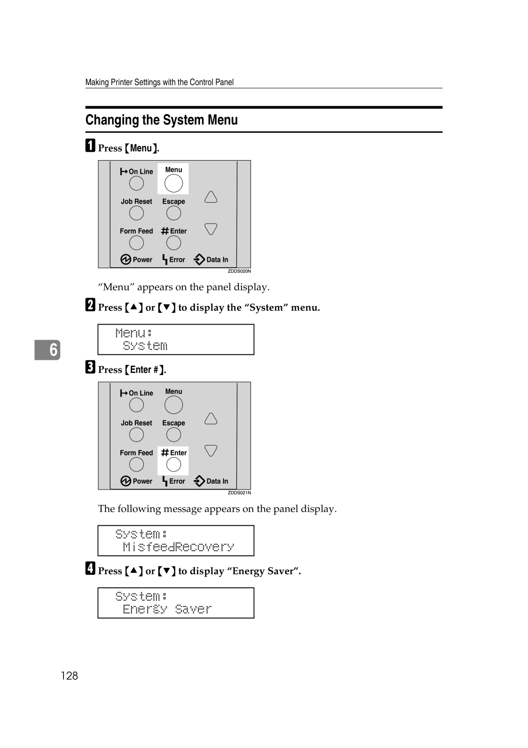 Lanier AP2610 manual Changing the System Menu, Menu System, System MisfeedRecovery, System Energy Saver, 128 