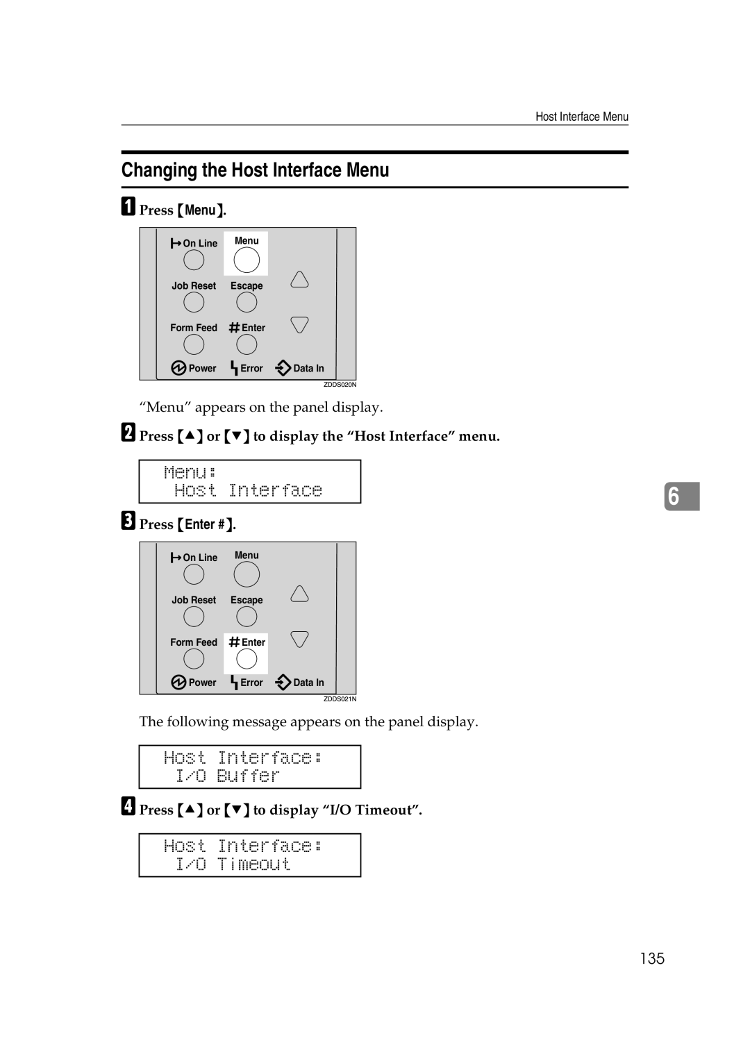 Lanier AP2610 Changing the Host Interface Menu, Menu Host Interface, Host Interface Buffer, Host Interface Timeout, 135 