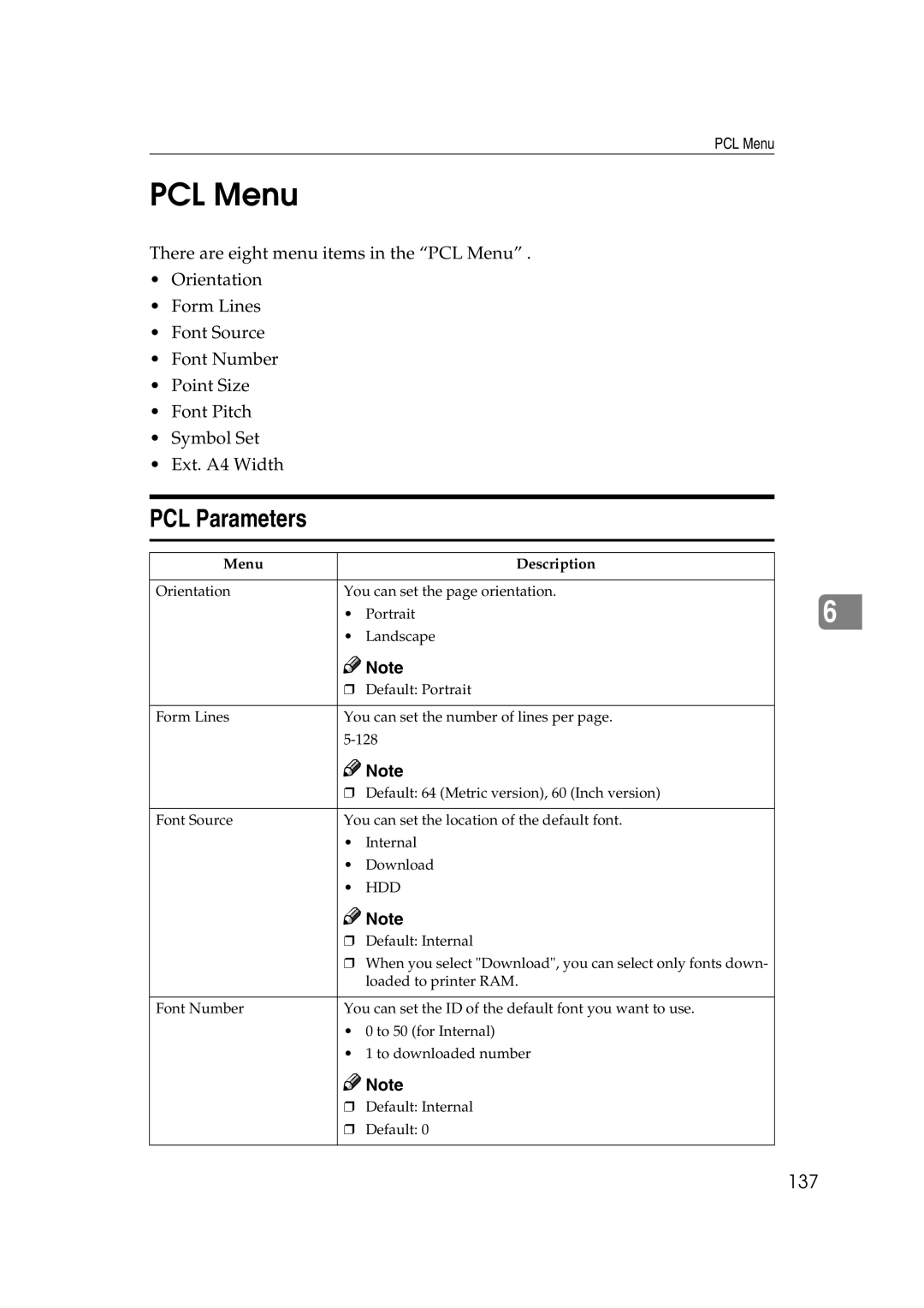 Lanier AP2610 manual PCL Menu, PCL Parameters, 137 