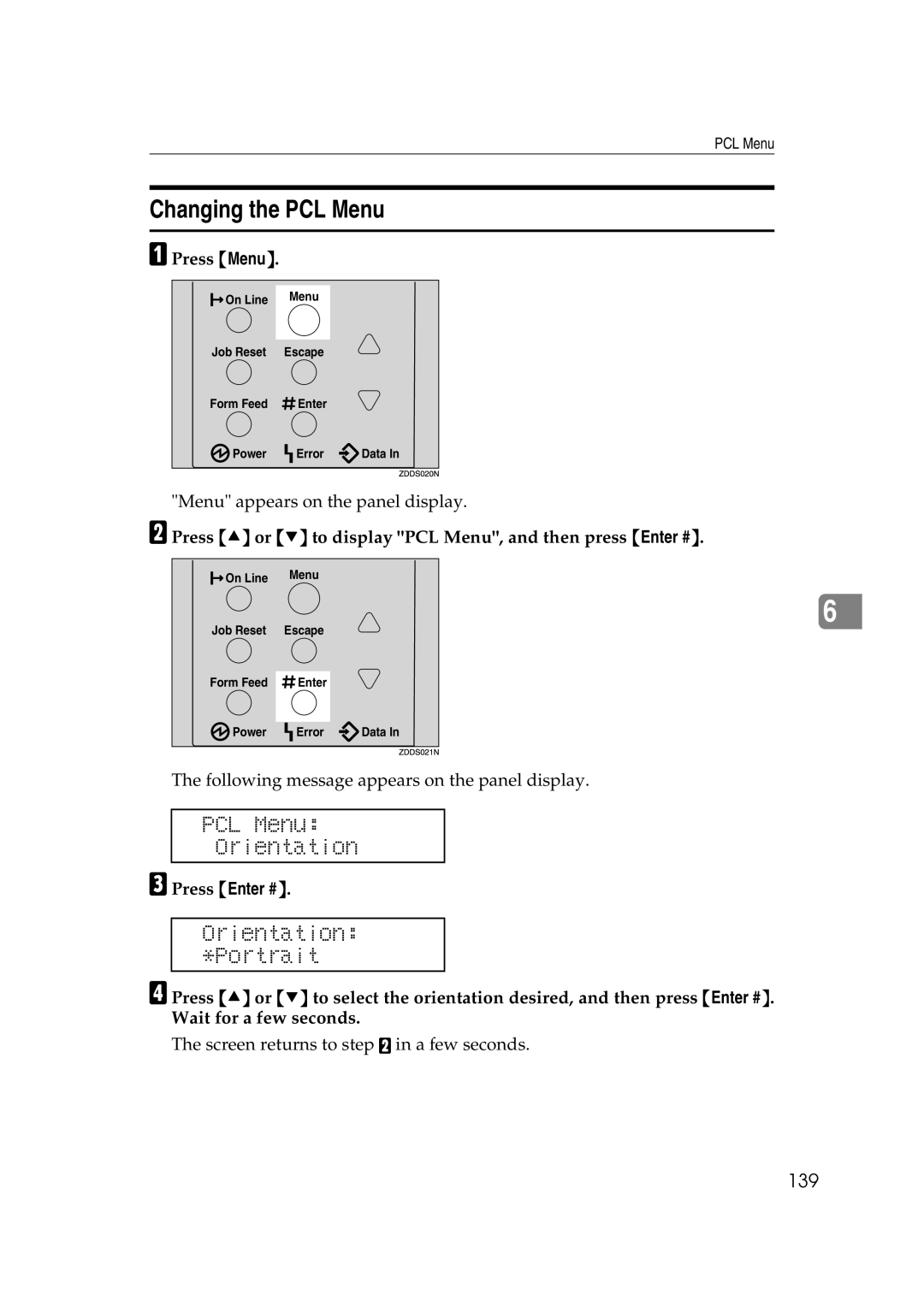 Lanier AP2610 manual Changing the PCL Menu, PCL Menu Orientation, Orientation Portrait, 139 