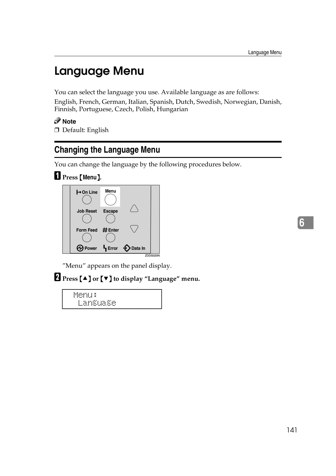 Lanier AP2610 manual Changing the Language Menu, Menu Language, 141, Press U or T to display Language menu 