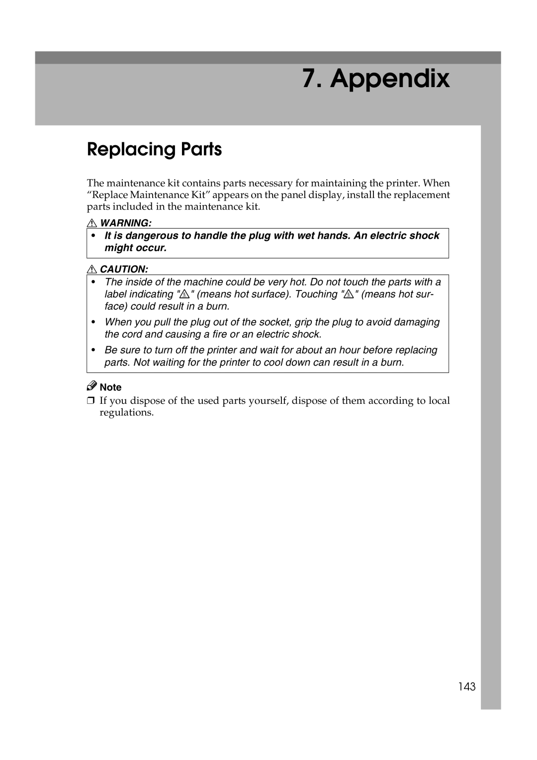 Lanier AP2610 manual Replacing Parts, 143 