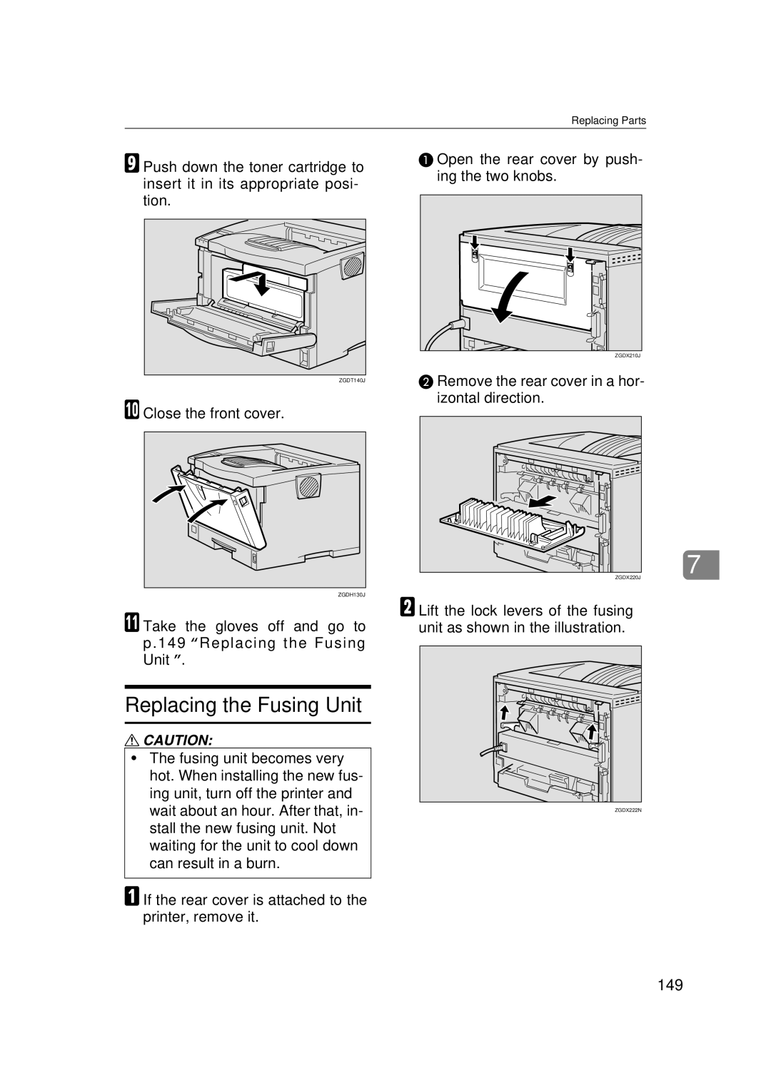 Lanier AP2610 manual Replacing the Fusing Unit, 149, Remove the rear cover in a hor- izontal direction 