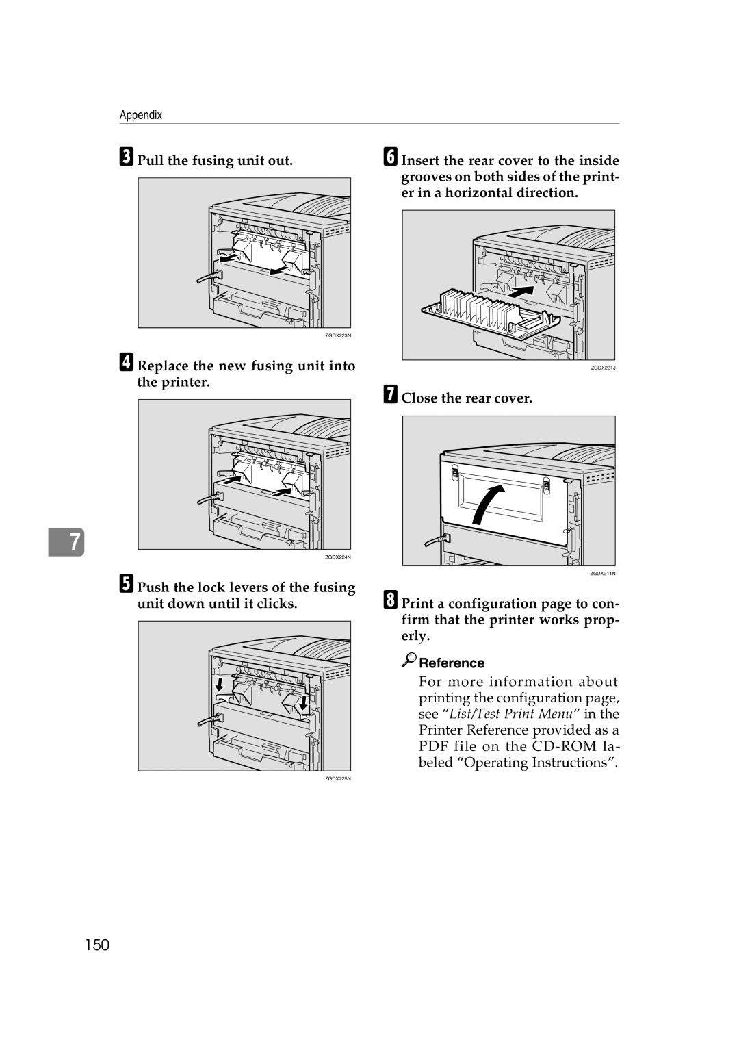 Lanier AP2610 manual 150, Pull the fusing unit out, Replace the new fusing unit into the printer 