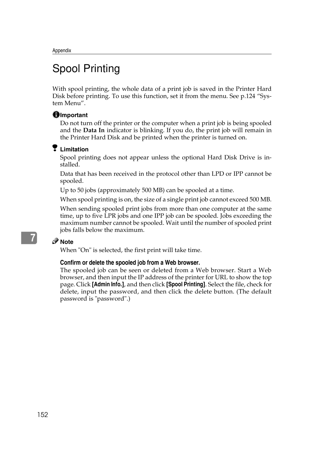 Lanier AP2610 manual Spool Printing, Confirm or delete the spooled job from a Web browser, 152 