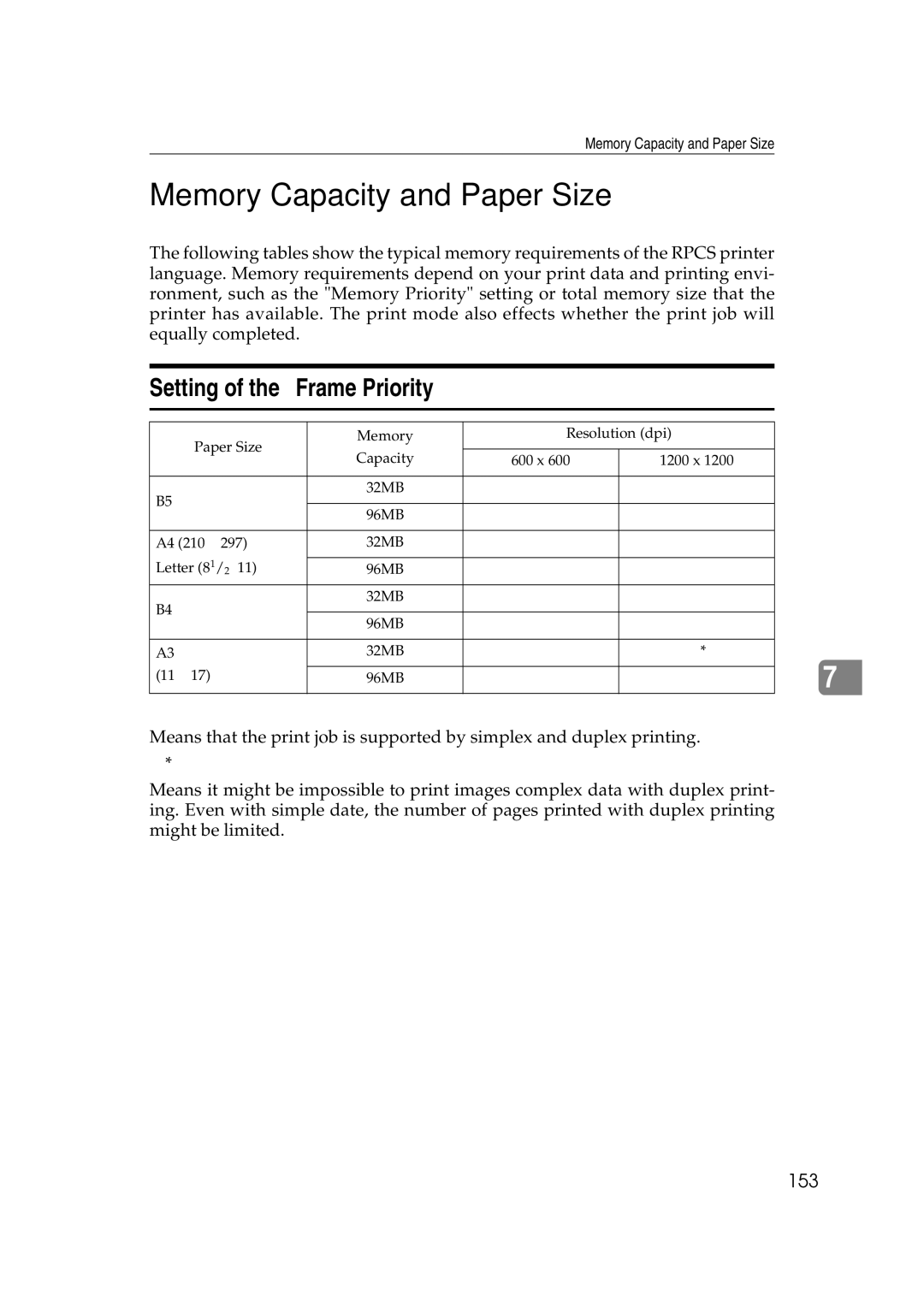 Lanier AP2610 manual Memory Capacity and Paper Size, Setting of the Frame Priority, 153 