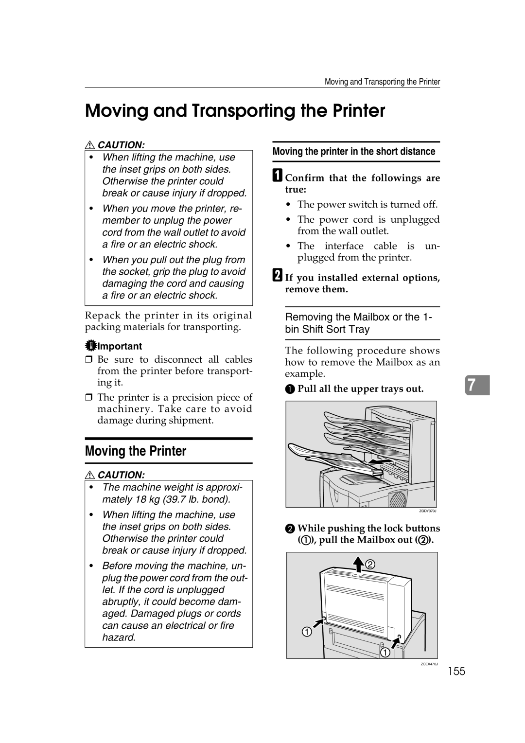 Lanier AP2610 manual Moving and Transporting the Printer, Moving the Printer, Moving the printer in the short distance, 155 