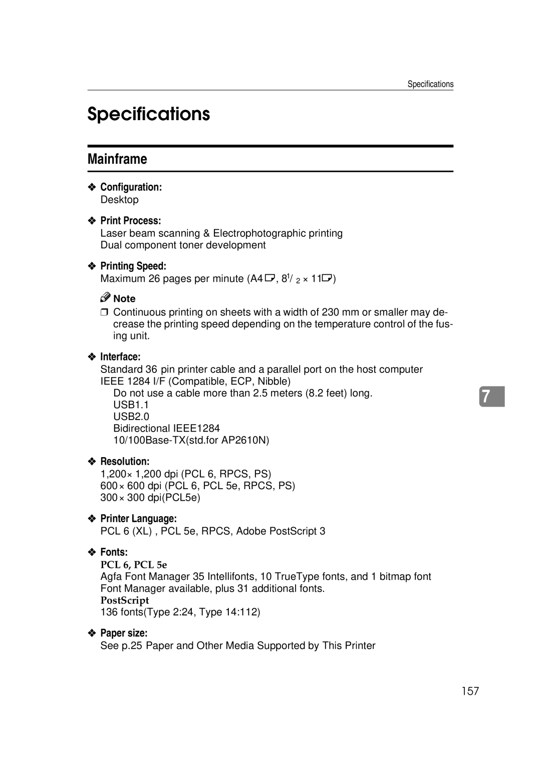 Lanier AP2610 manual Specifications, Mainframe 