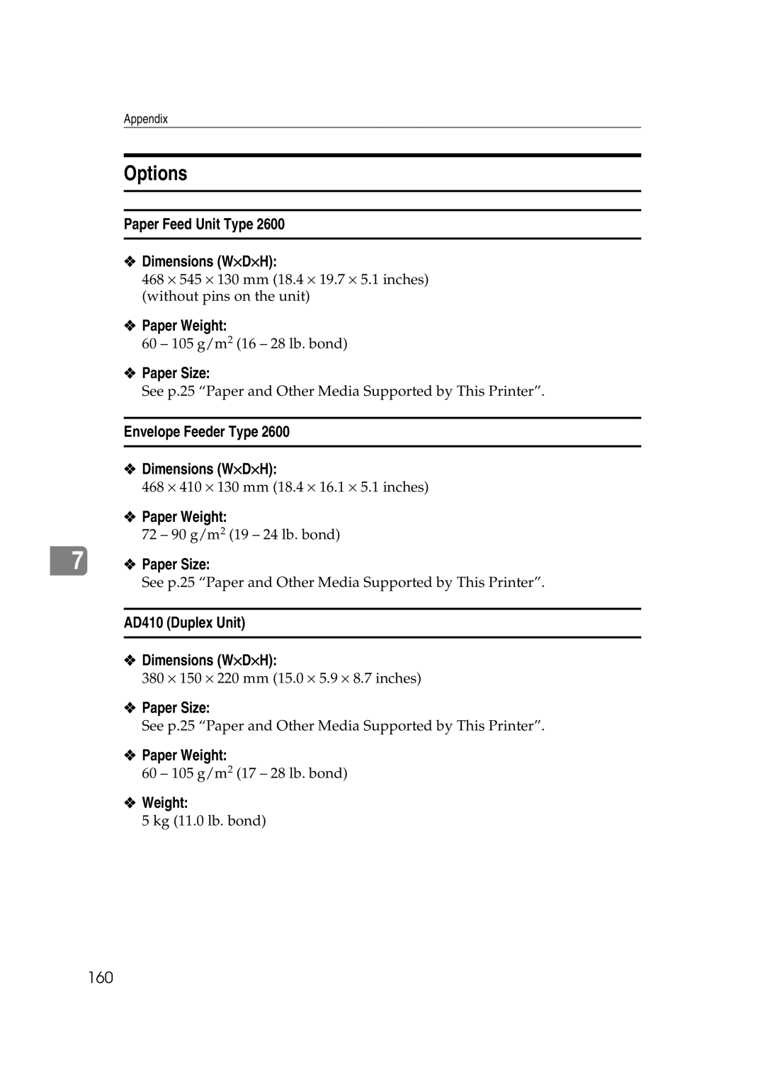 Lanier AP2610 manual Options, Paper Feed Unit Type Dimensions W⋅D⋅H, Envelope Feeder Type Dimensions W⋅D⋅H, 160 