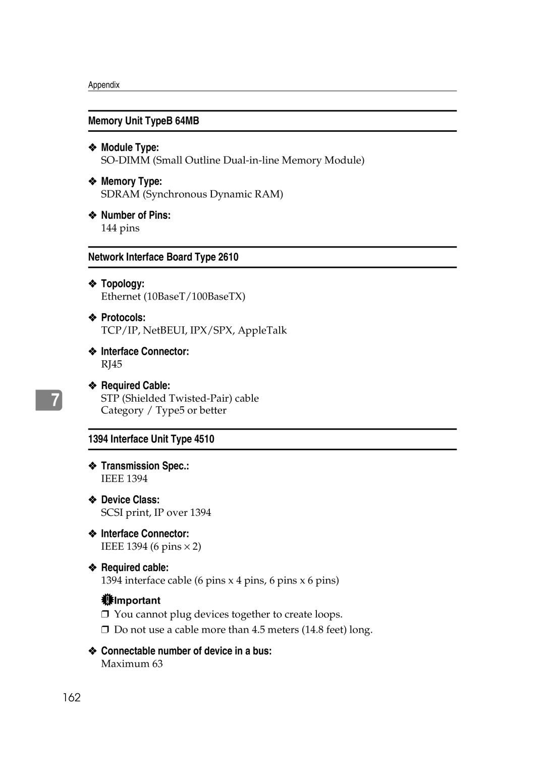 Lanier AP2610 manual Memory Unit TypeB 64MB Module Type, Memory Type, Number of Pins, Network Interface Board Type Topology 