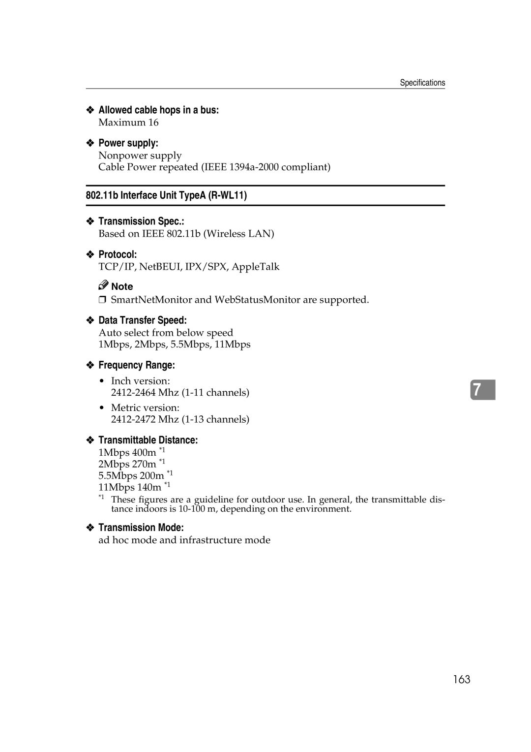 Lanier AP2610 Allowed cable hops in a bus, Power supply, 802.11b Interface Unit TypeA R-WL11 Transmission Spec, Protocol 