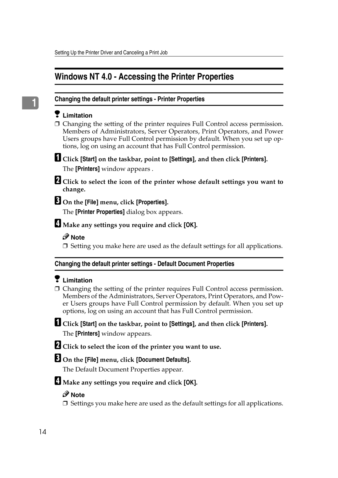 Lanier AP2610 manual Windows NT 4.0 Accessing the Printer Properties 