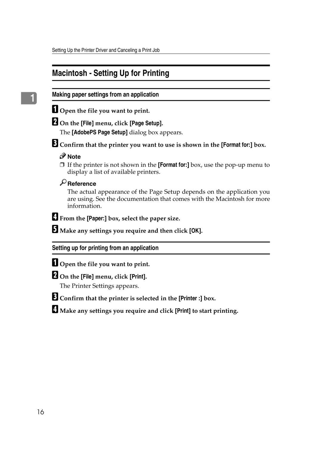 Lanier AP2610 manual Macintosh Setting Up for Printing, Making paper settings from an application 