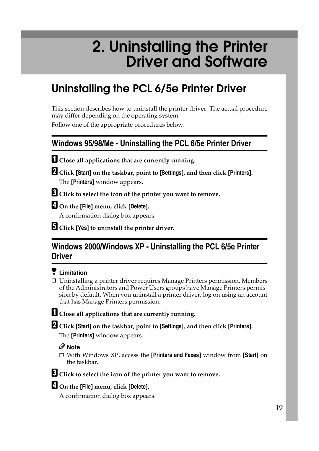 Lanier AP2610 Windows 95/98/Me Uninstalling the PCL 6/5e Printer Driver, Click Yes to uninstall the printer driver 