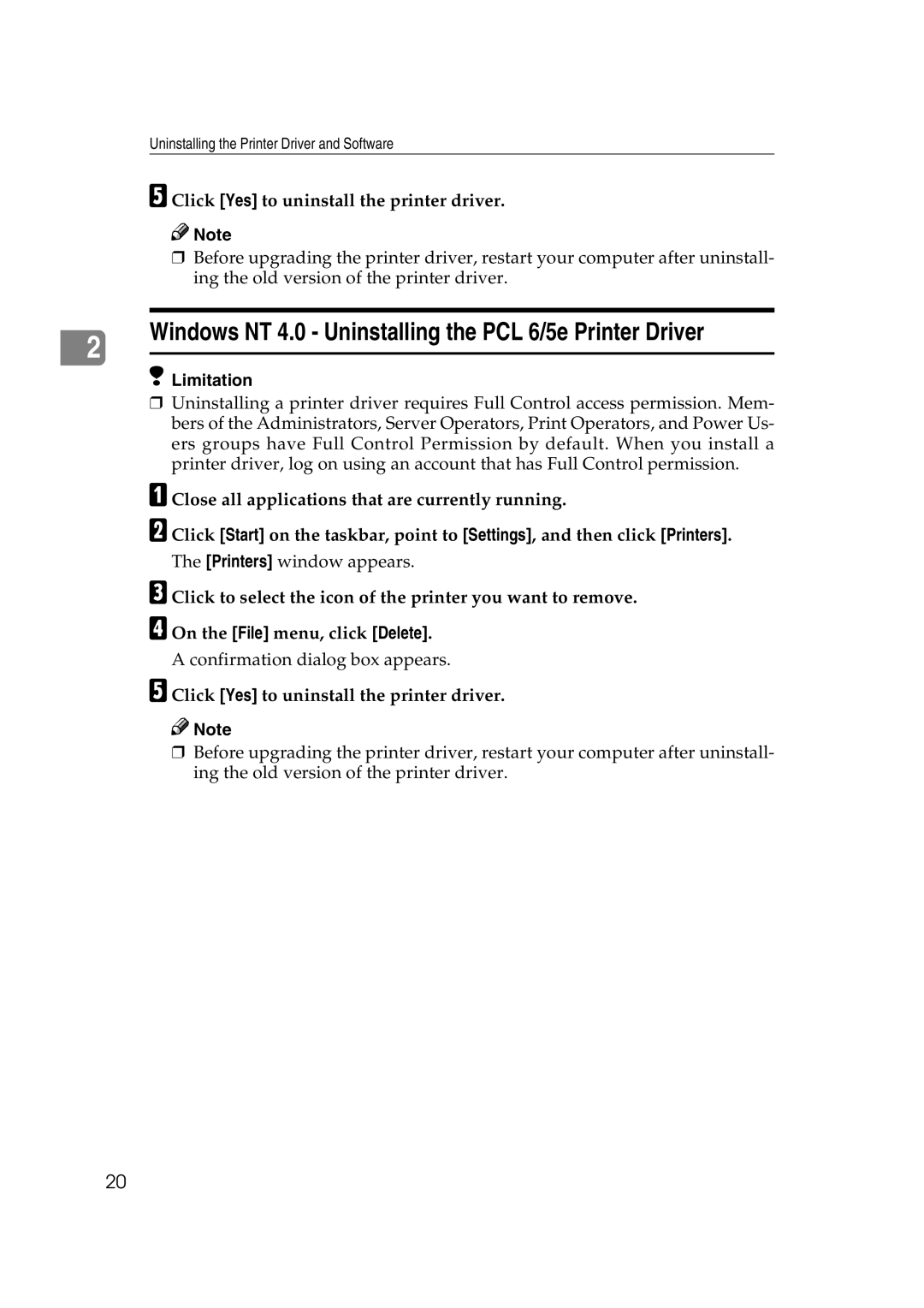 Lanier AP2610 manual Windows NT 4.0 Uninstalling the PCL 6/5e Printer Driver 