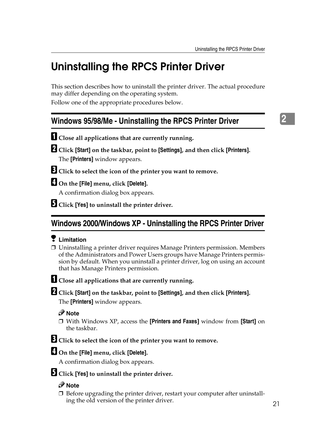 Lanier AP2610 manual Windows 95/98/Me Uninstalling the Rpcs Printer Driver 