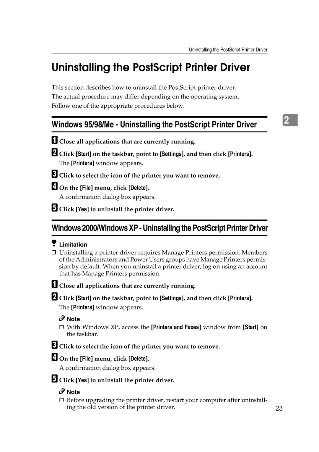 Lanier AP2610 manual Windows 95/98/Me Uninstalling the PostScript Printer Driver 