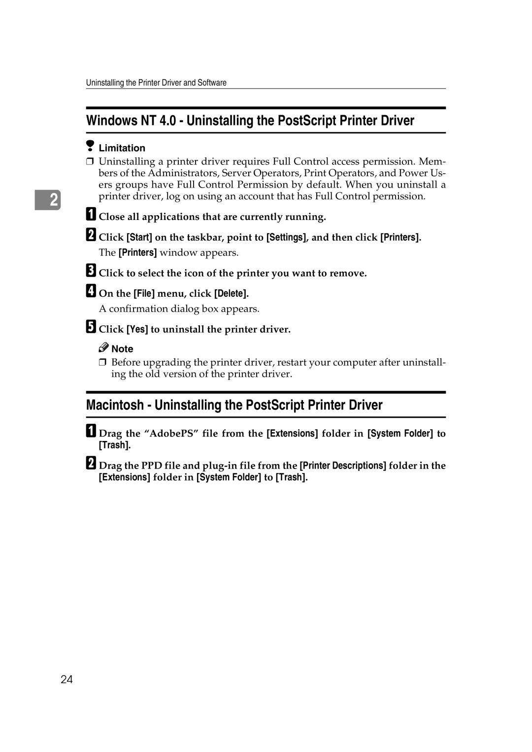 Lanier AP2610 manual Windows NT 4.0 Uninstalling the PostScript Printer Driver 