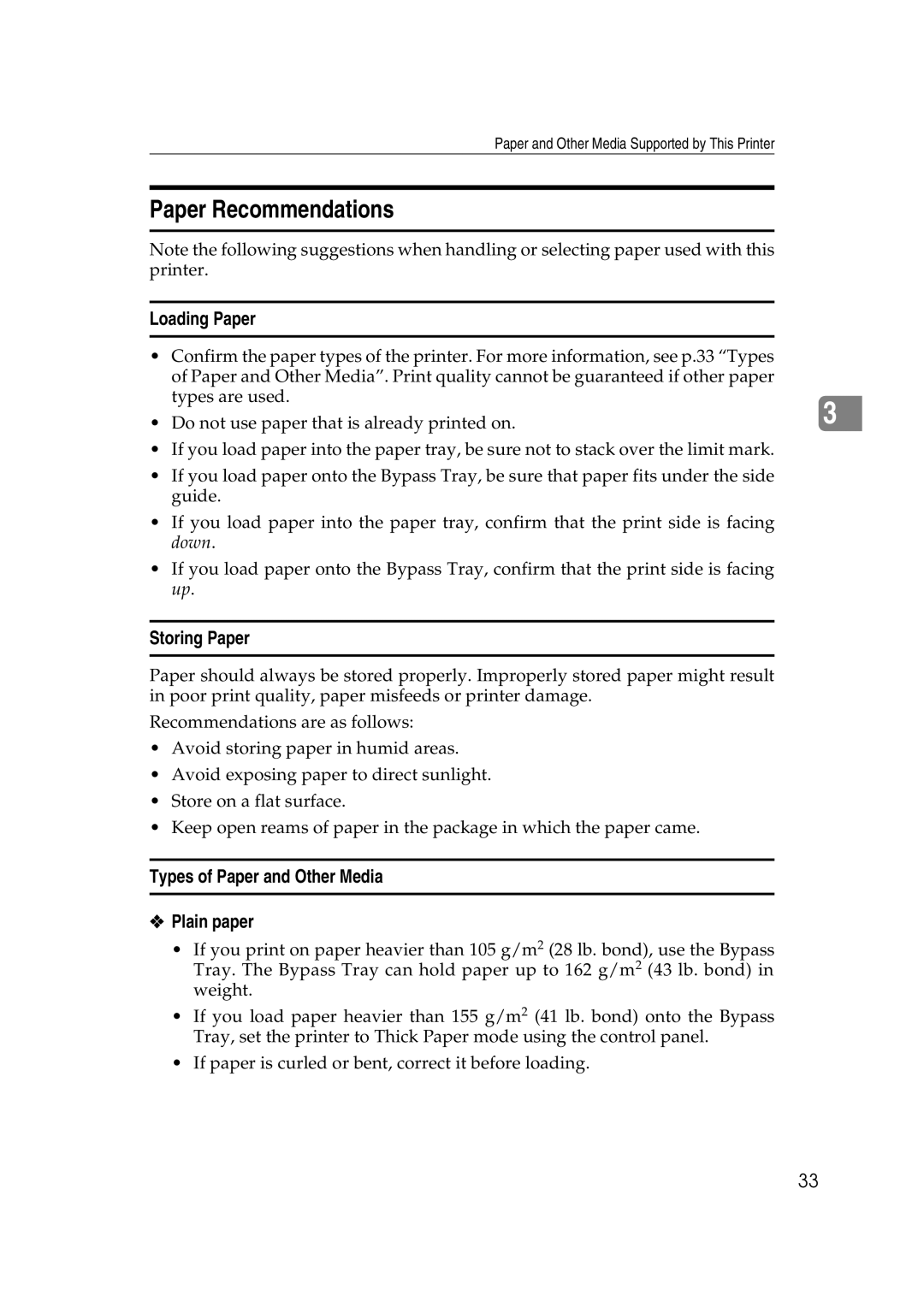 Lanier AP2610 manual Paper Recommendations, Loading Paper, Storing Paper, Types of Paper and Other Media Plain paper 