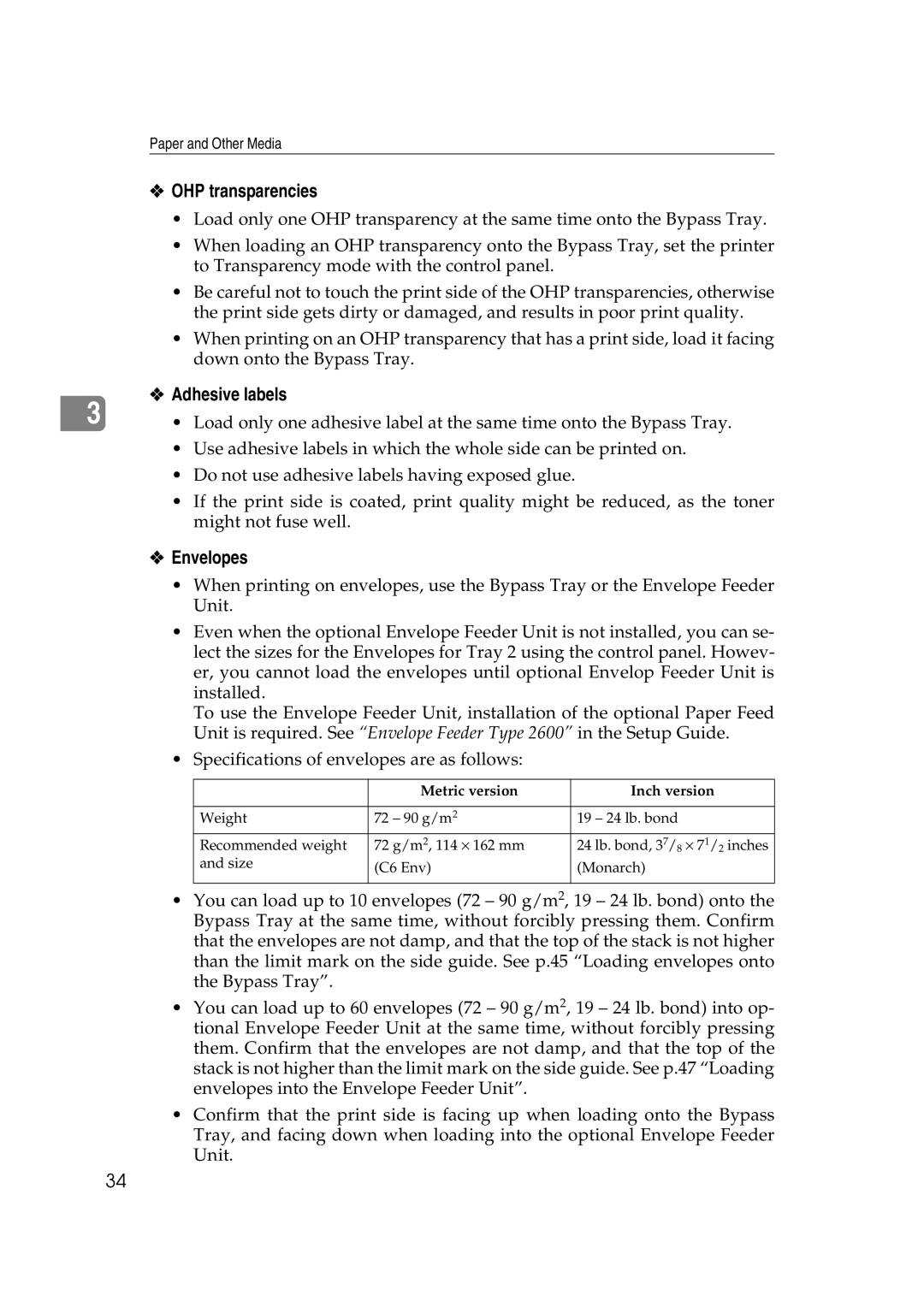 Lanier AP2610 manual OHP transparencies, Adhesive labels, Envelopes, Metric version Inch version 