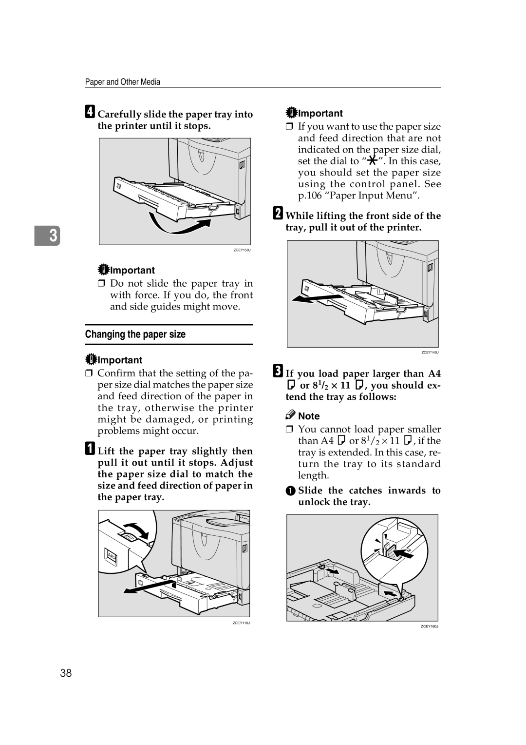 Lanier AP2610 manual Changing the paper size, Slide the catches inwards to unlock the tray 