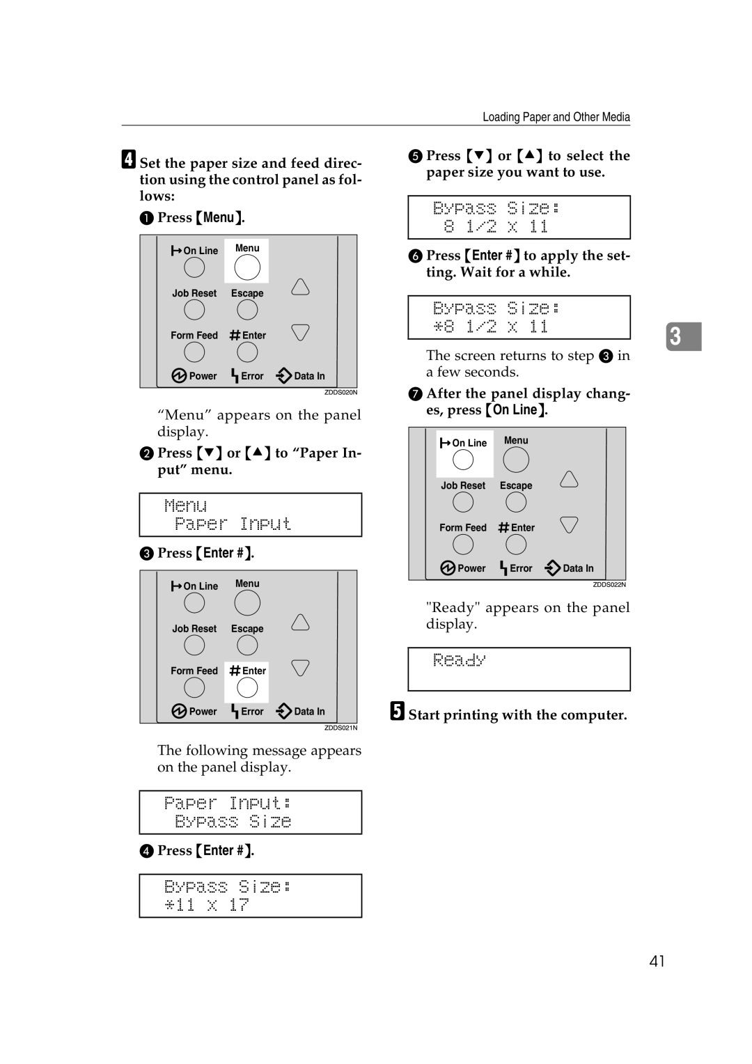 Lanier AP2610 Menu Paper Input, Paper Input Bypass Size, Bypass Size *11 x, Bypass Size 2 x, Bypass Size *8 1/2 x, Ready 