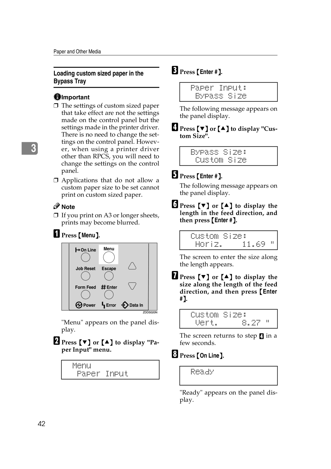 Lanier AP2610 manual Bypass Size Custom Size, Custom Size Horiz, Custom Size Vert, Menu Paper Input Ready 