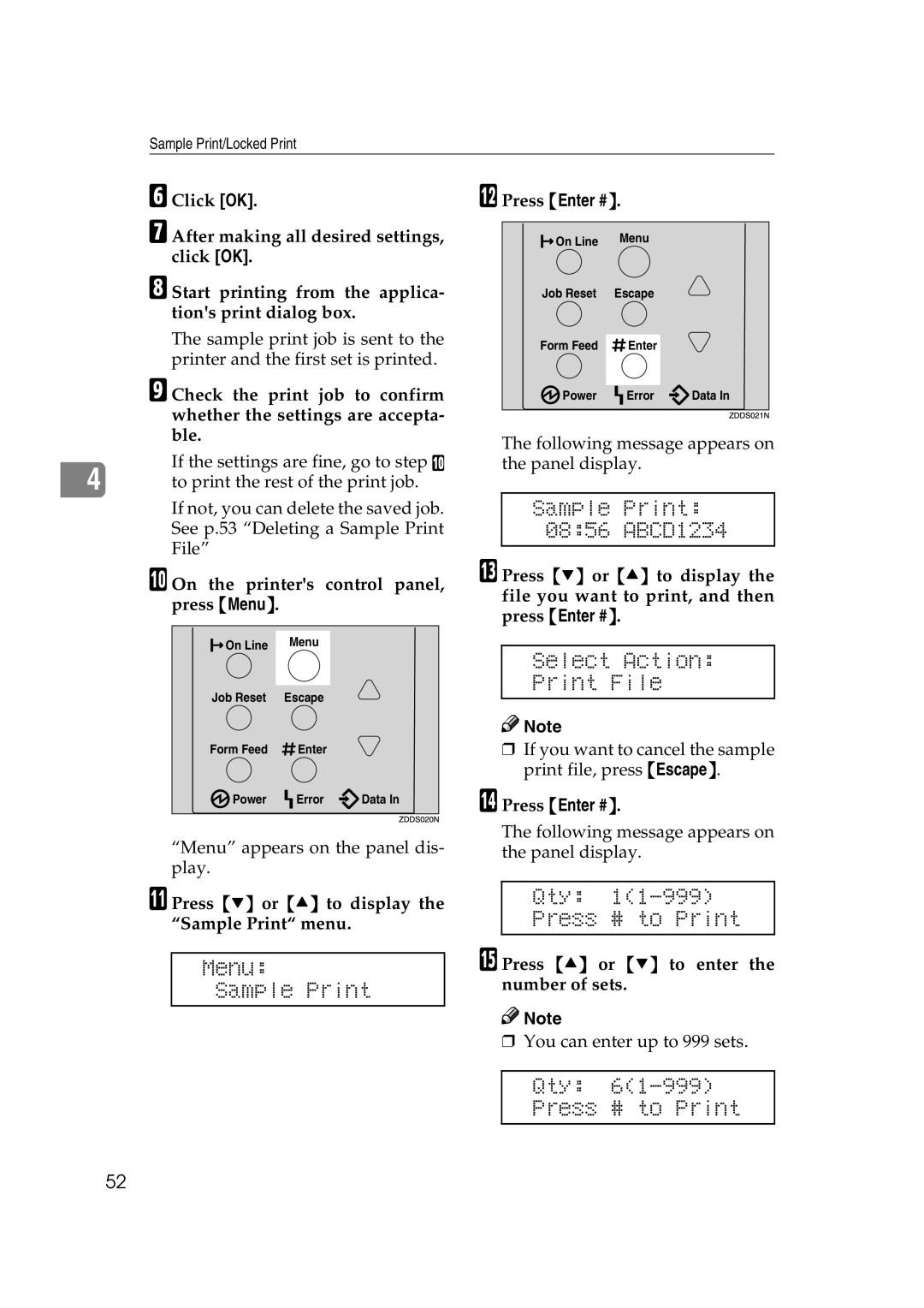 Lanier AP2610 manual Sample Print 0856 ABCD1234, Select Action Print File, Menu Sample Print, Qty Press # to Print 