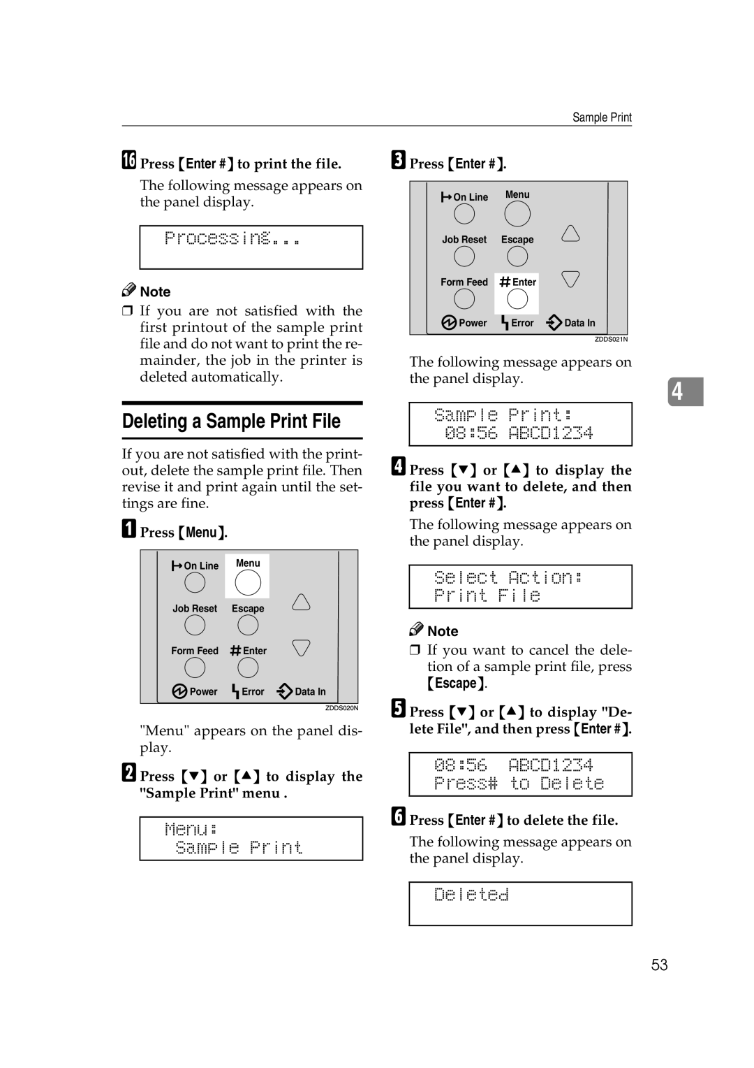 Lanier AP2610 manual Deleting a Sample Print File, Processing, ABCD1234 Press# to Delete, Deleted 