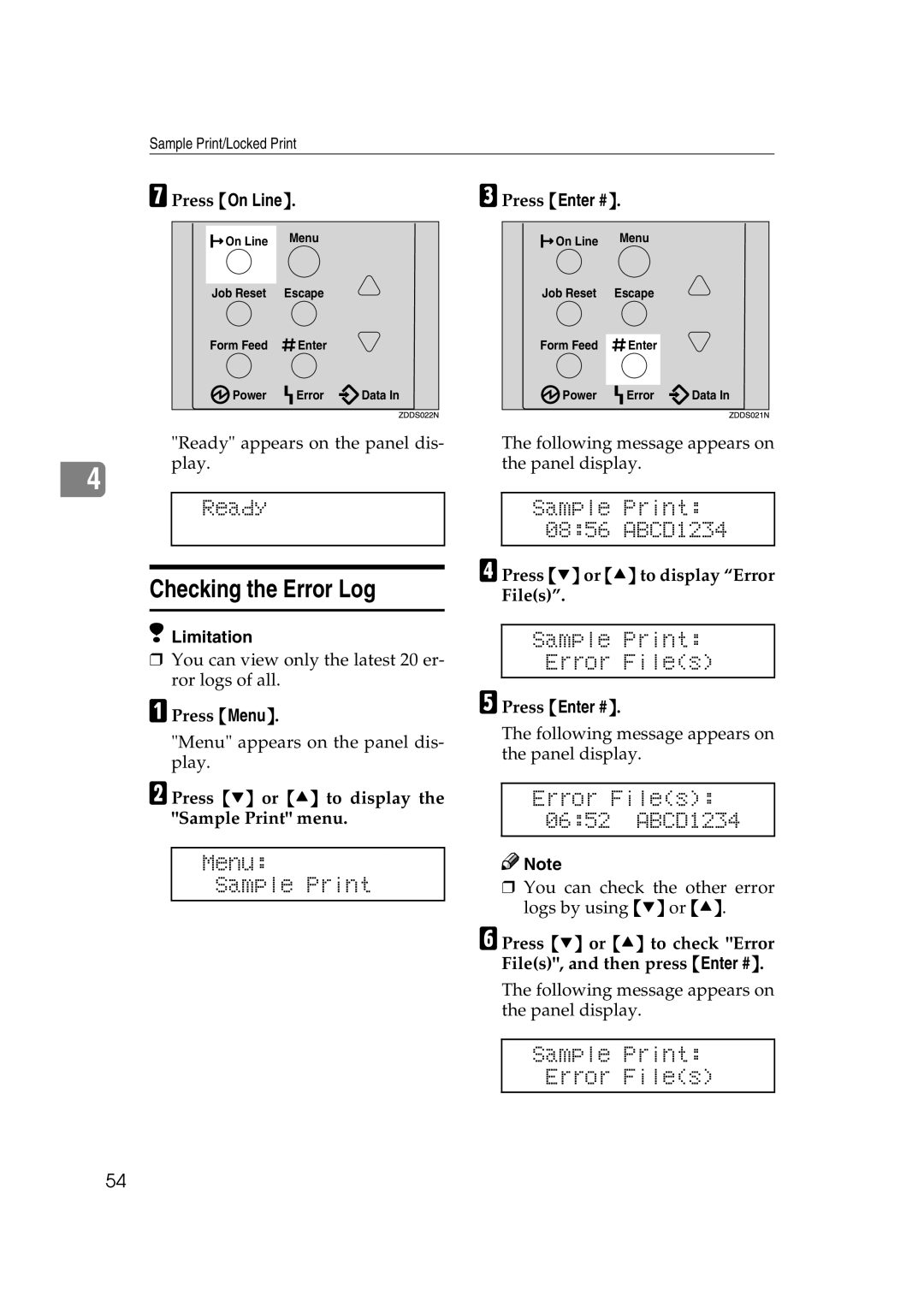 Lanier AP2610 manual Checking the Error Log, Sample Print Error Files, Error Files 0652 ABCD1234 